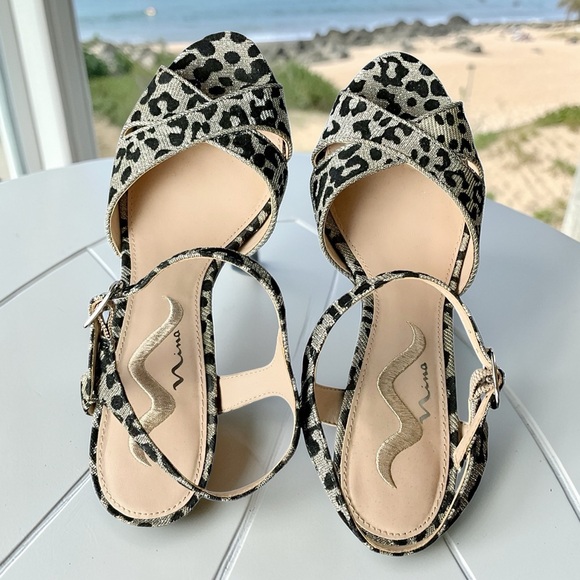 Nina Sparkle Silver Leopard Print Heeled Sandals with Ankle Strap - Picture 7 of 12